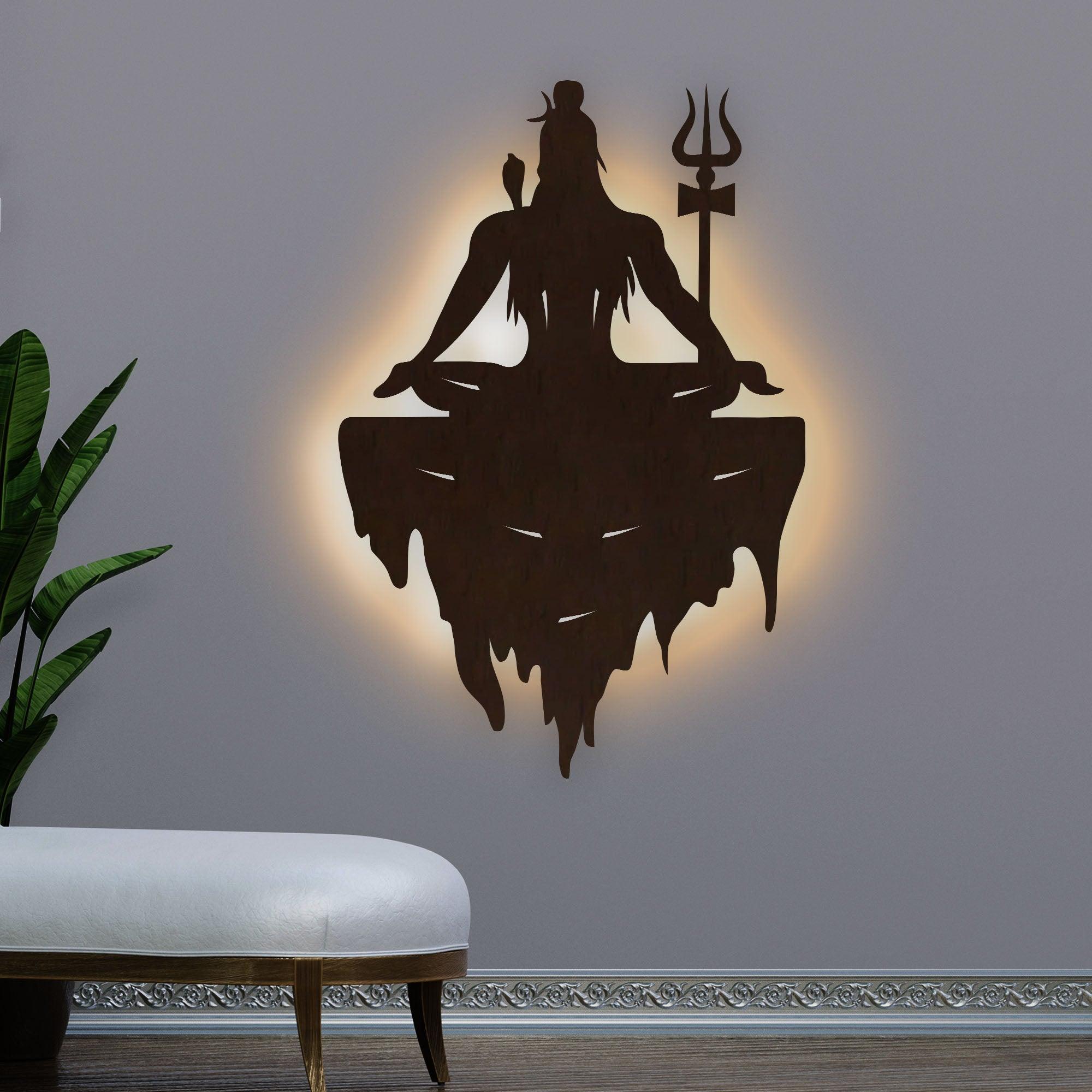 Adiyogi Mahakal Lord Shiva Premium Backlit Design Wooden Wall Hanging with LED Night Light Walnut Finish - Decor Mantra 