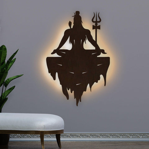 Adiyogi Mahakal Lord Shiva Premium Backlit Design Wooden Wall Hanging with LED Night Light Walnut Finish - Decor Mantra 
