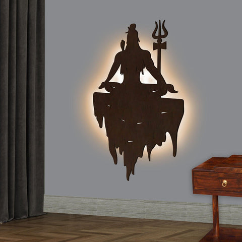 Adiyogi Mahakal Lord Shiva Premium Backlit Design Wooden Wall Hanging with LED Night Light Walnut Finish - Decor Mantra 