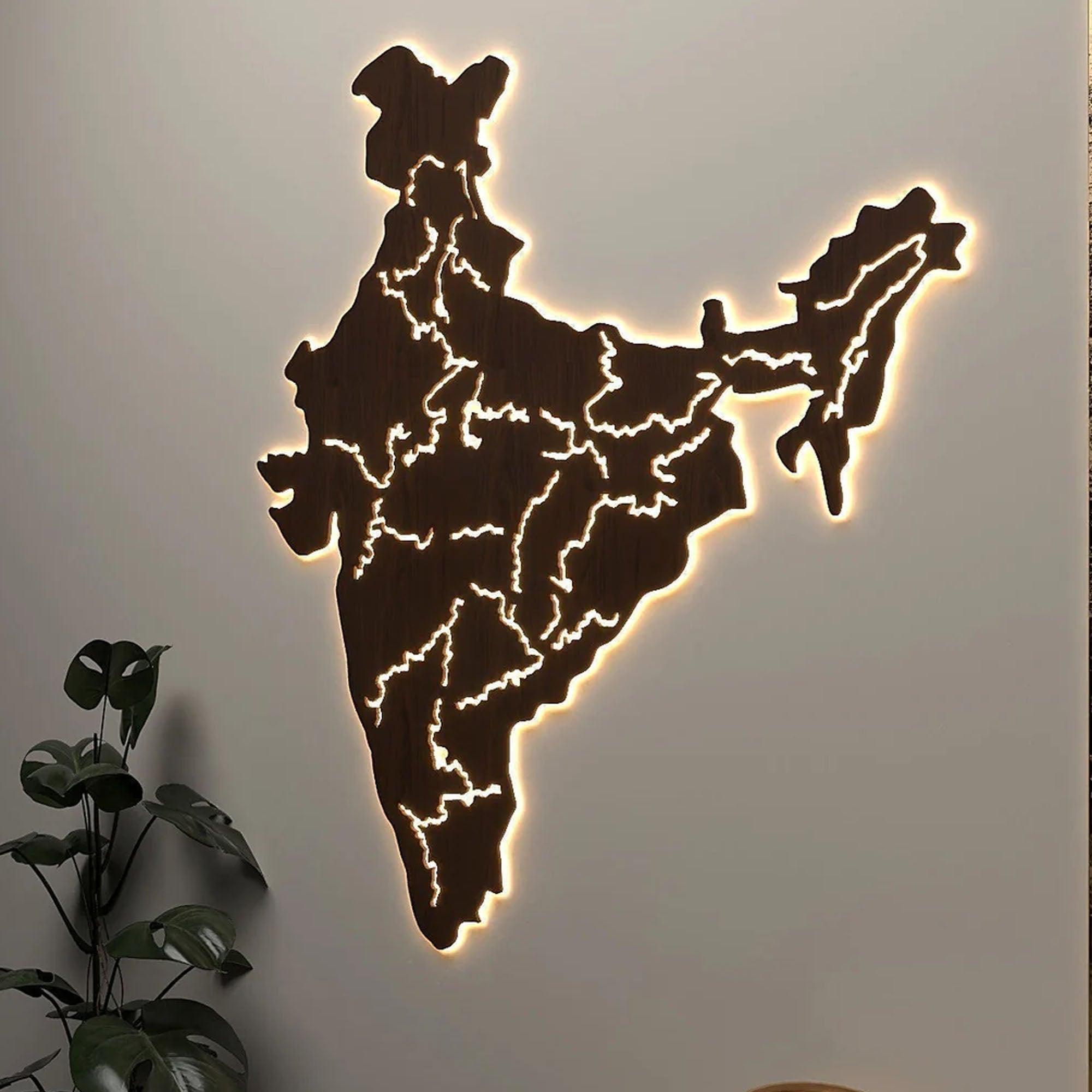 India Map Backlit Wooden Wall Decor with LED Night Light Walnut Finish - Decor Mantra 