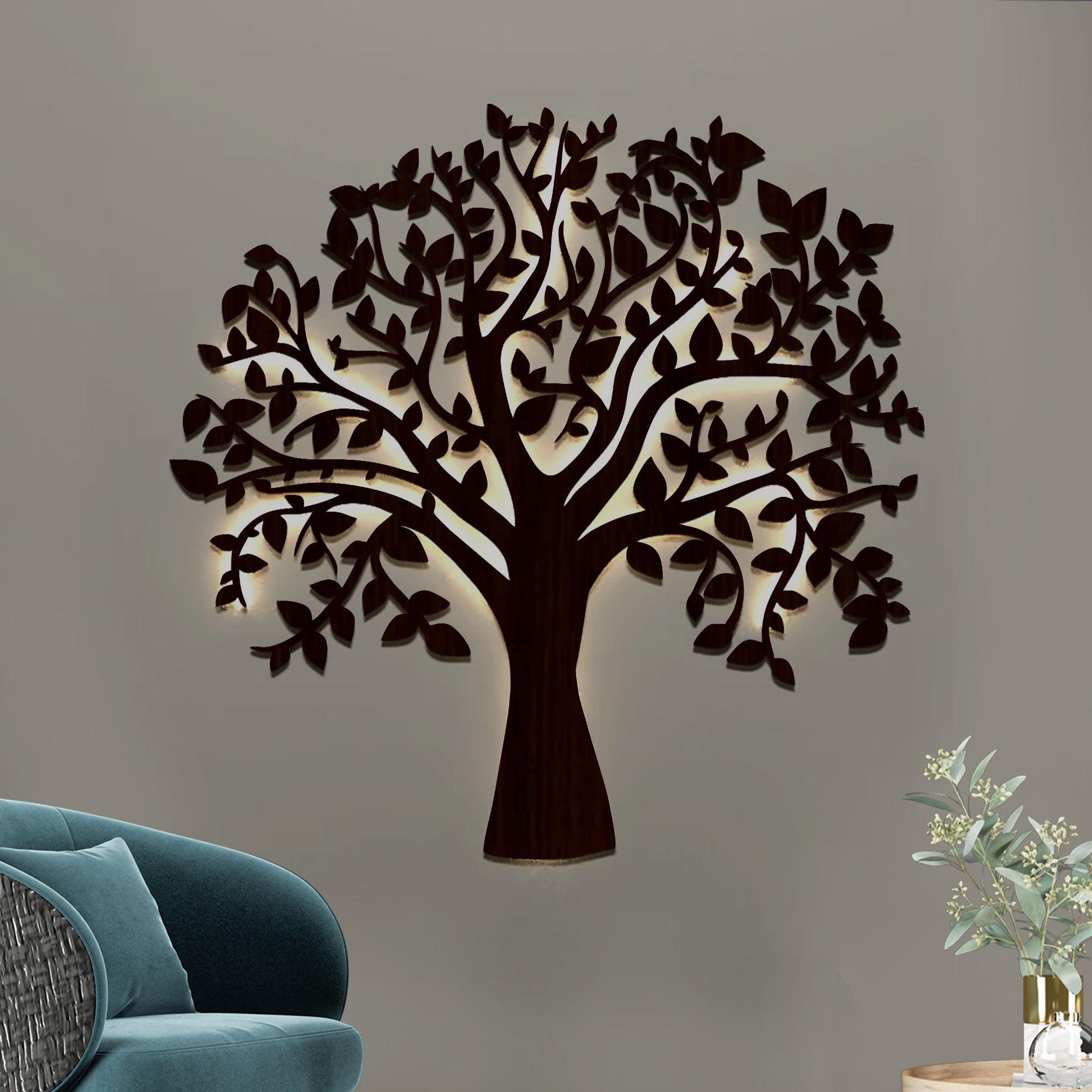 Glowing Tree Backlit Wooden Wall Art with LED Night Light Walnut Finish - Decor Mantra 
