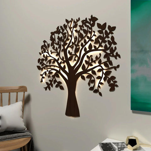 Glowing Tree Backlit Wooden Wall Art with LED Night Light Walnut Finish - Decor Mantra 