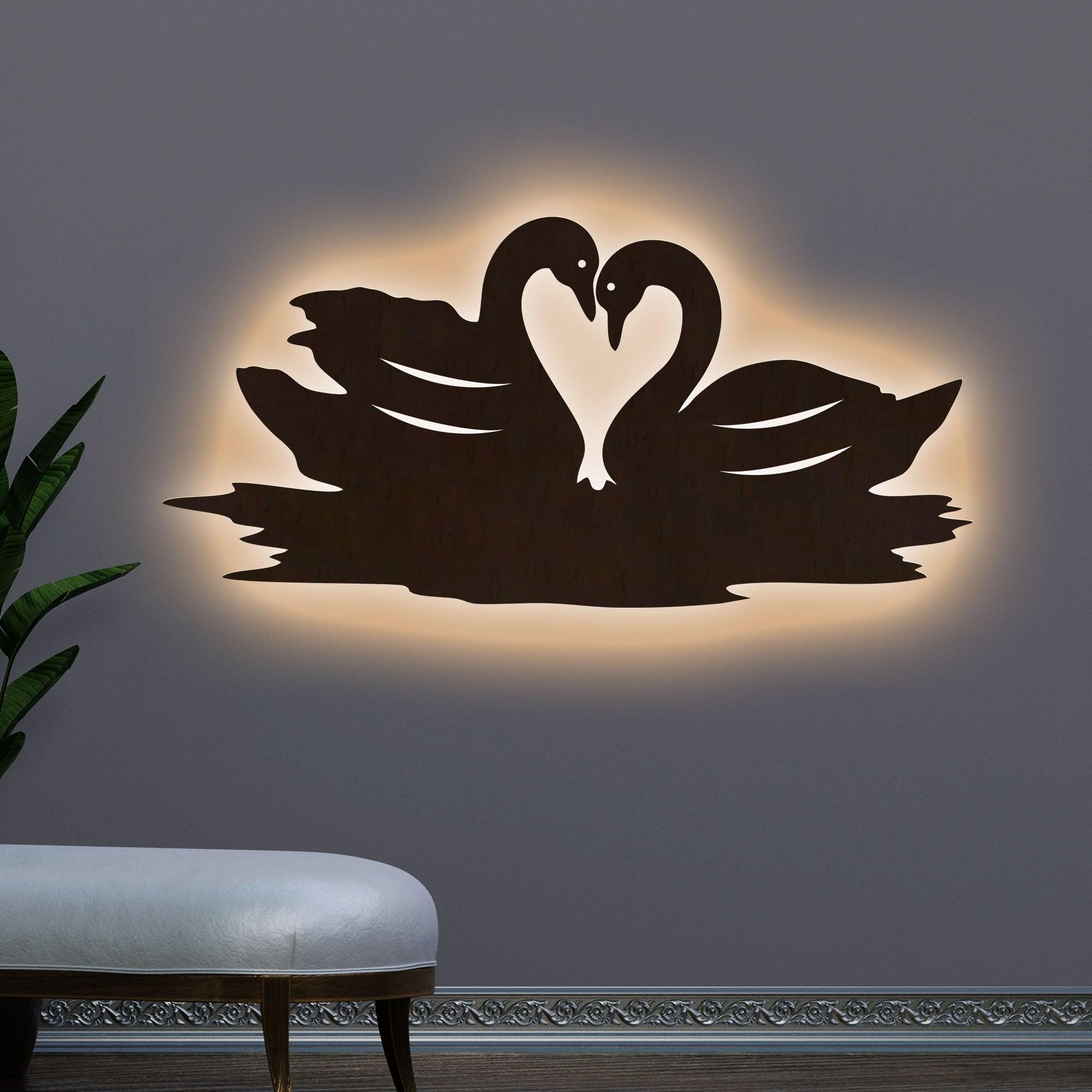 Loving Pair of Swan Backlit Wooden Wall Decor with LED Night Light Walnut Finish - Decor Mantra 