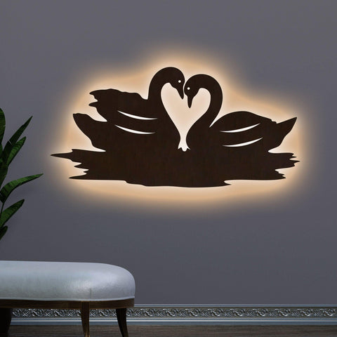 Loving Pair of Swan Backlit Wooden Wall Decor with LED Night Light Walnut Finish - Decor Mantra 