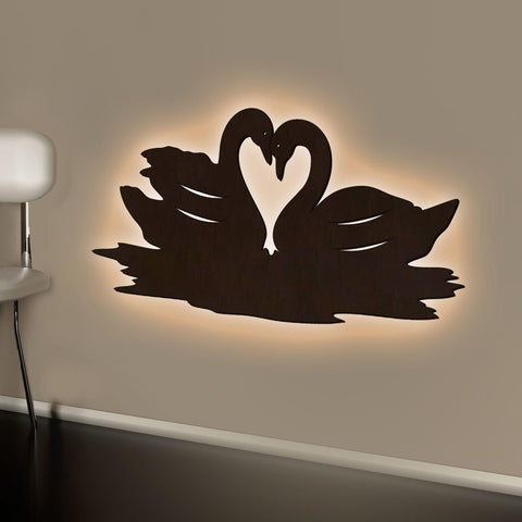 Loving Pair of Swan Backlit Wooden Wall Decor with LED Night Light Walnut Finish - Decor Mantra 