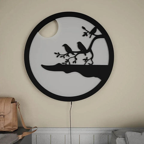 Chirping Birds Rounded Backlit Wooden Wall Decor with LED Night Light - Decor Mantra 