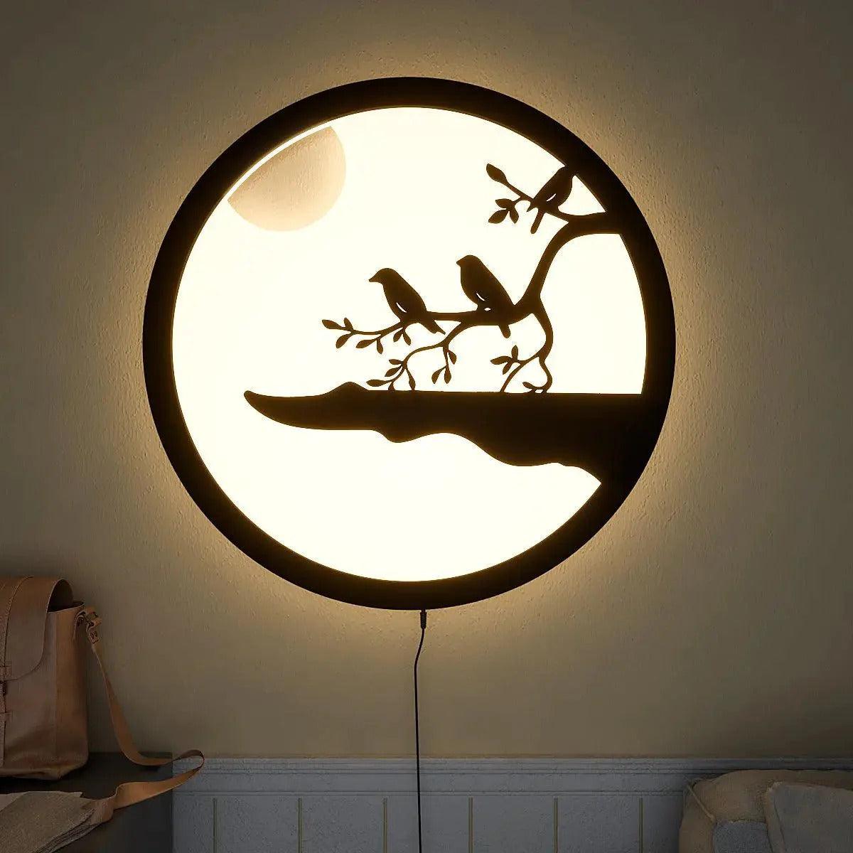 Chirping Birds Rounded Backlit Wooden Wall Decor with LED Night Light - Decor Mantra 