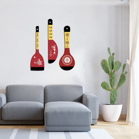 Warli Art Wooden Wall Hanger Spoons for Home|Office|Living Room|Gift Wall Decoration