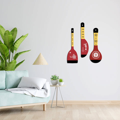 Warli Art Wooden Wall Hanger Spoons for Home|Office|Living Room|Gift Wall Decoration