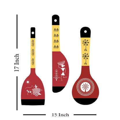Warli Art Wooden Wall Hanger Spoons for Home|Office|Living Room|Gift Wall Decoration