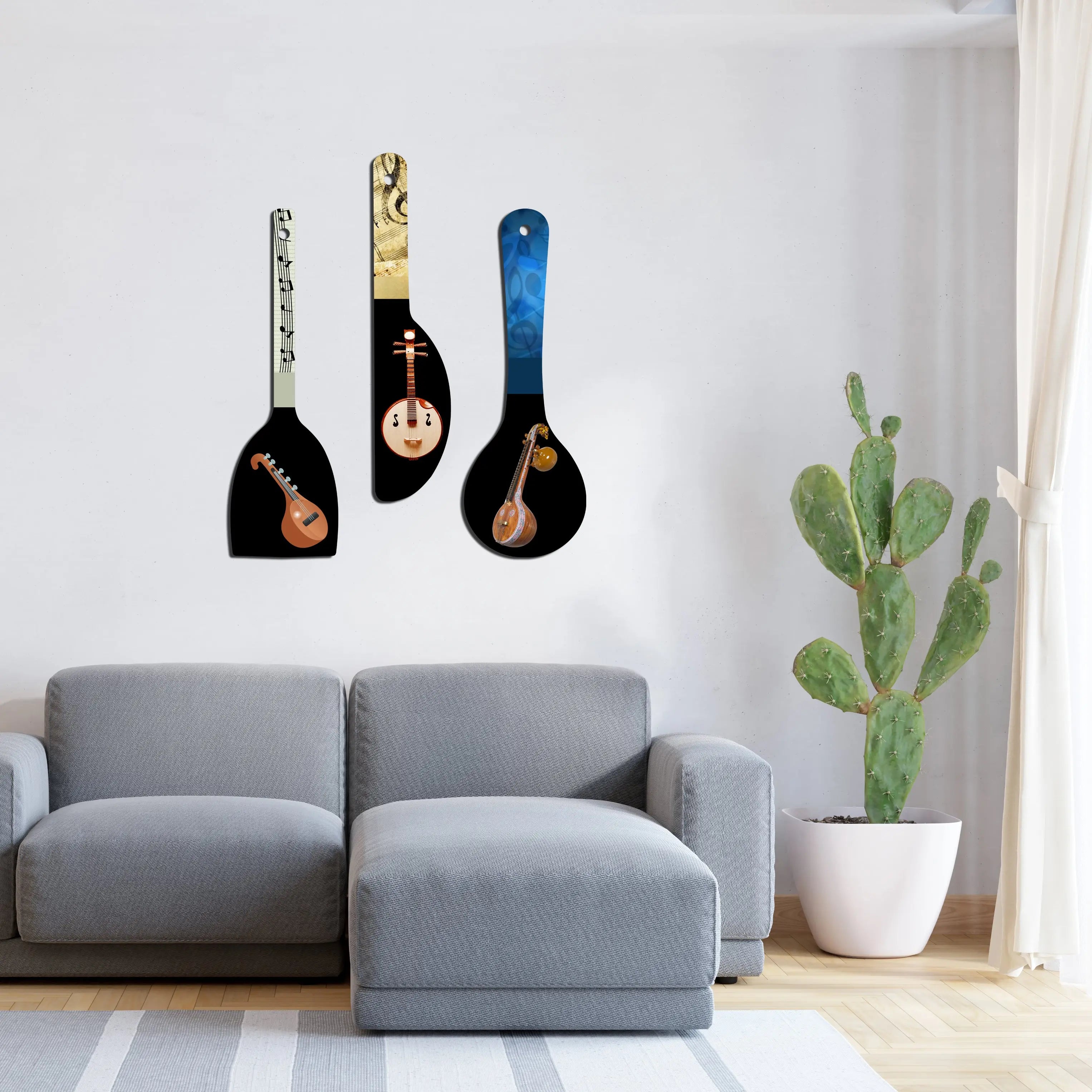 Fabaura Music Instrument Decorative Wooden Wall Hanging Spoons for Office (WH_5019N-F) Pack of 3 - Harshita Craft