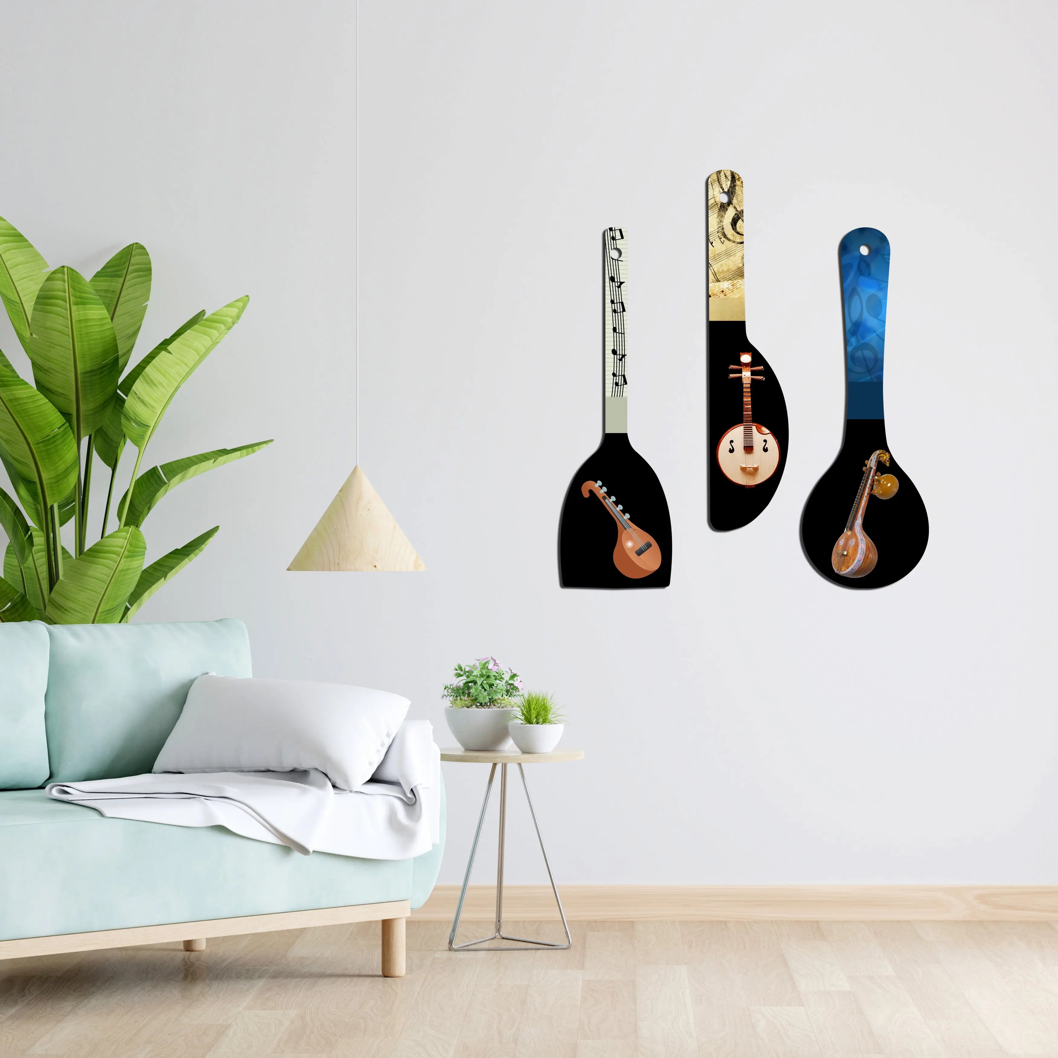 Fabaura Music Instrument Decorative Wooden Wall Hanging Spoons for Office (WH_5019N-F) Pack of 3 - Harshita Craft