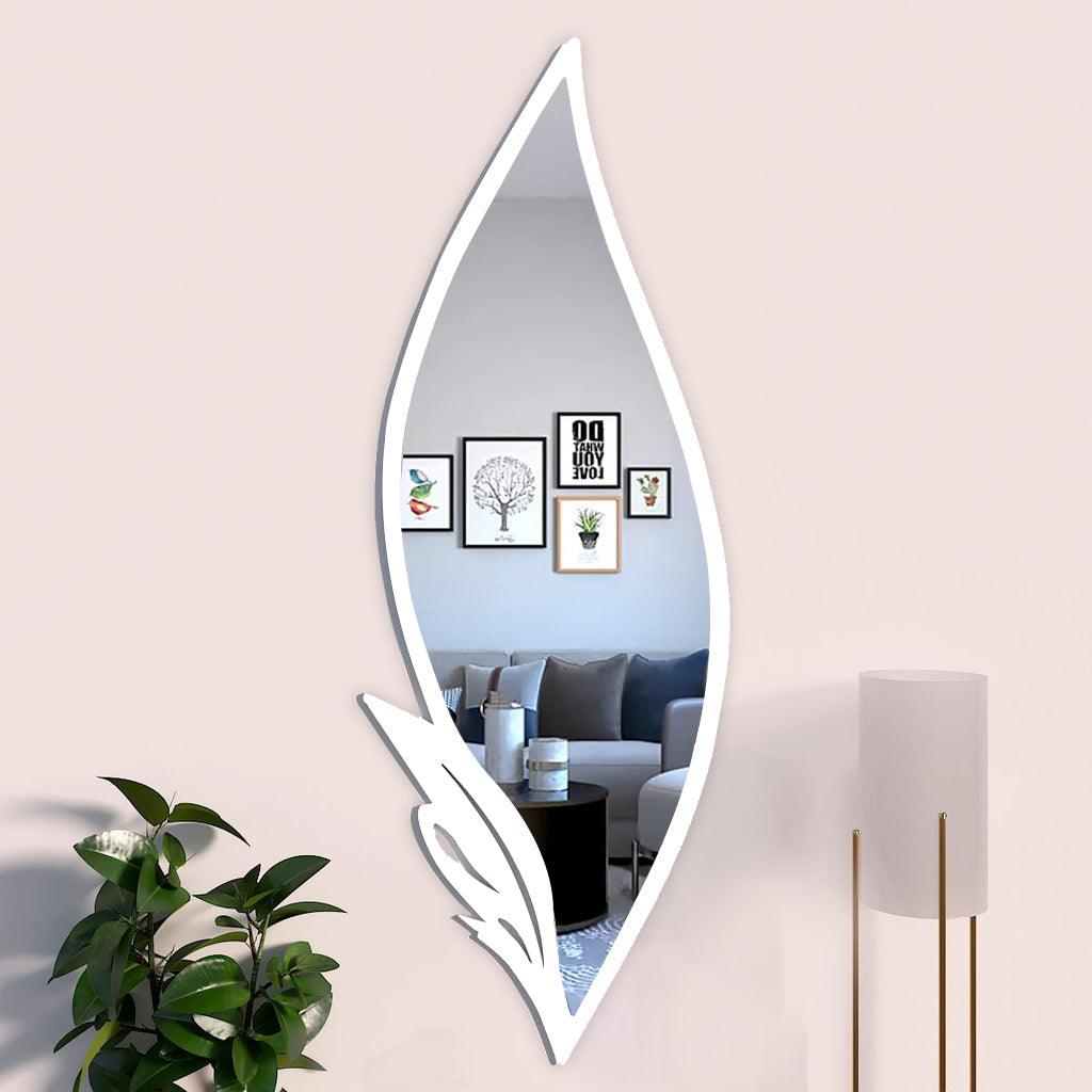 Beautiful Slender Big Leaf Vanity Mirror with Metallic White Finish Frame - Decor Mantra 