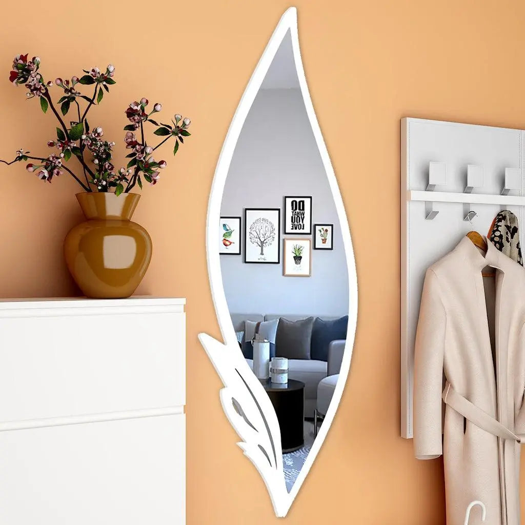 Beautiful Slender Big Leaf Vanity Mirror with Metallic White Finish Frame - Decor Mantra 