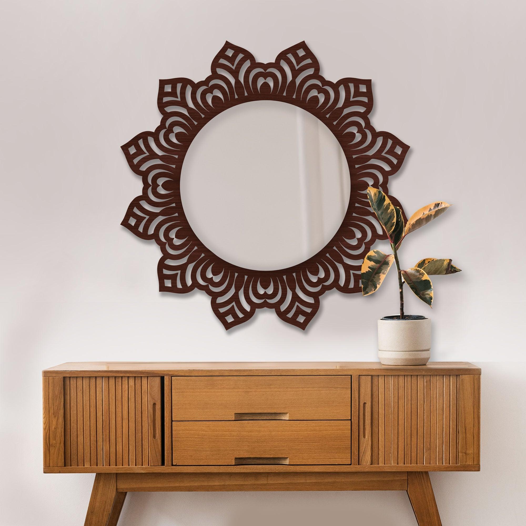Floral Design Art Decorative Round Wooden Wall Mirror - Decor Mantra 