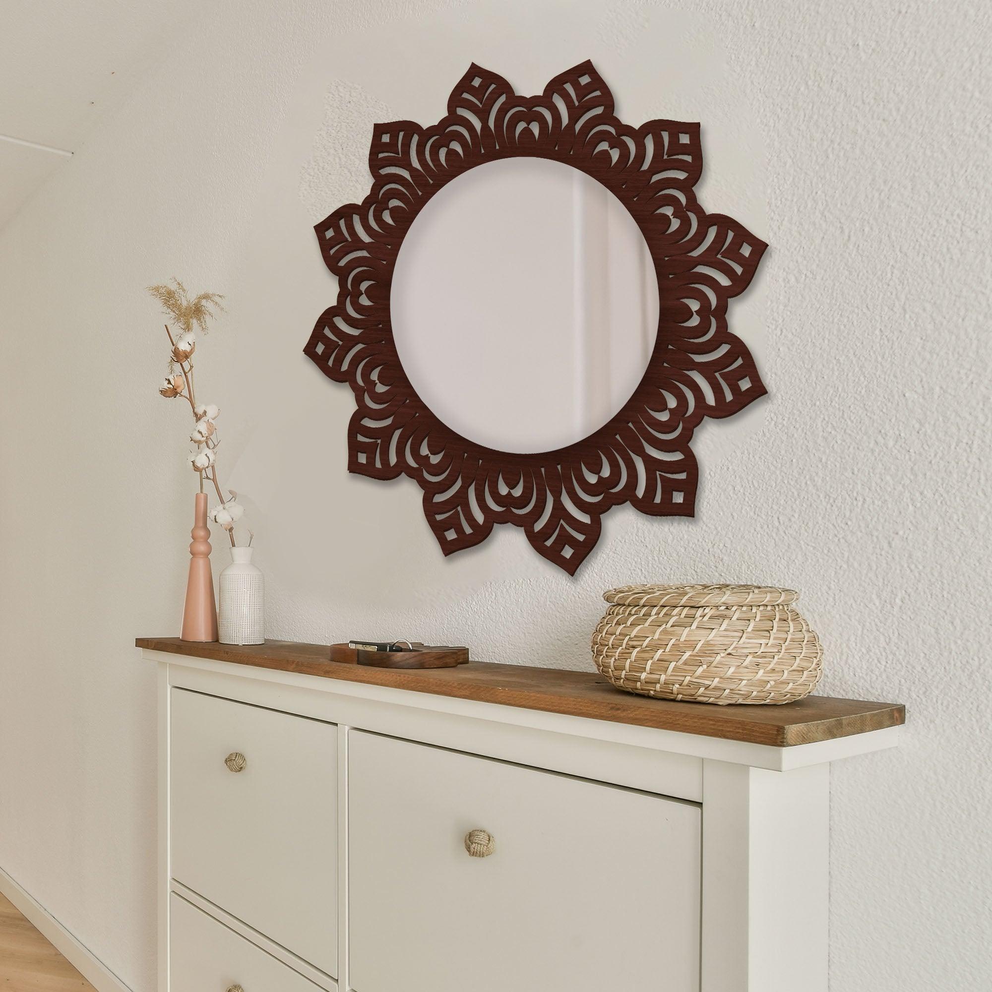 Floral Design Art Decorative Round Wooden Wall Mirror - Decor Mantra 