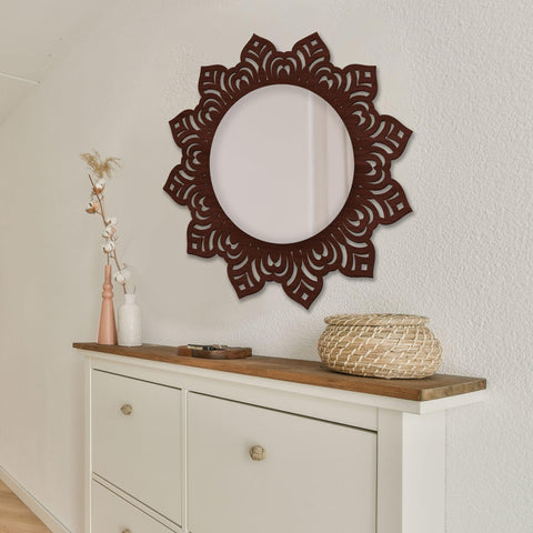 Floral Design Art Decorative Round Wooden Wall Mirror - Decor Mantra 