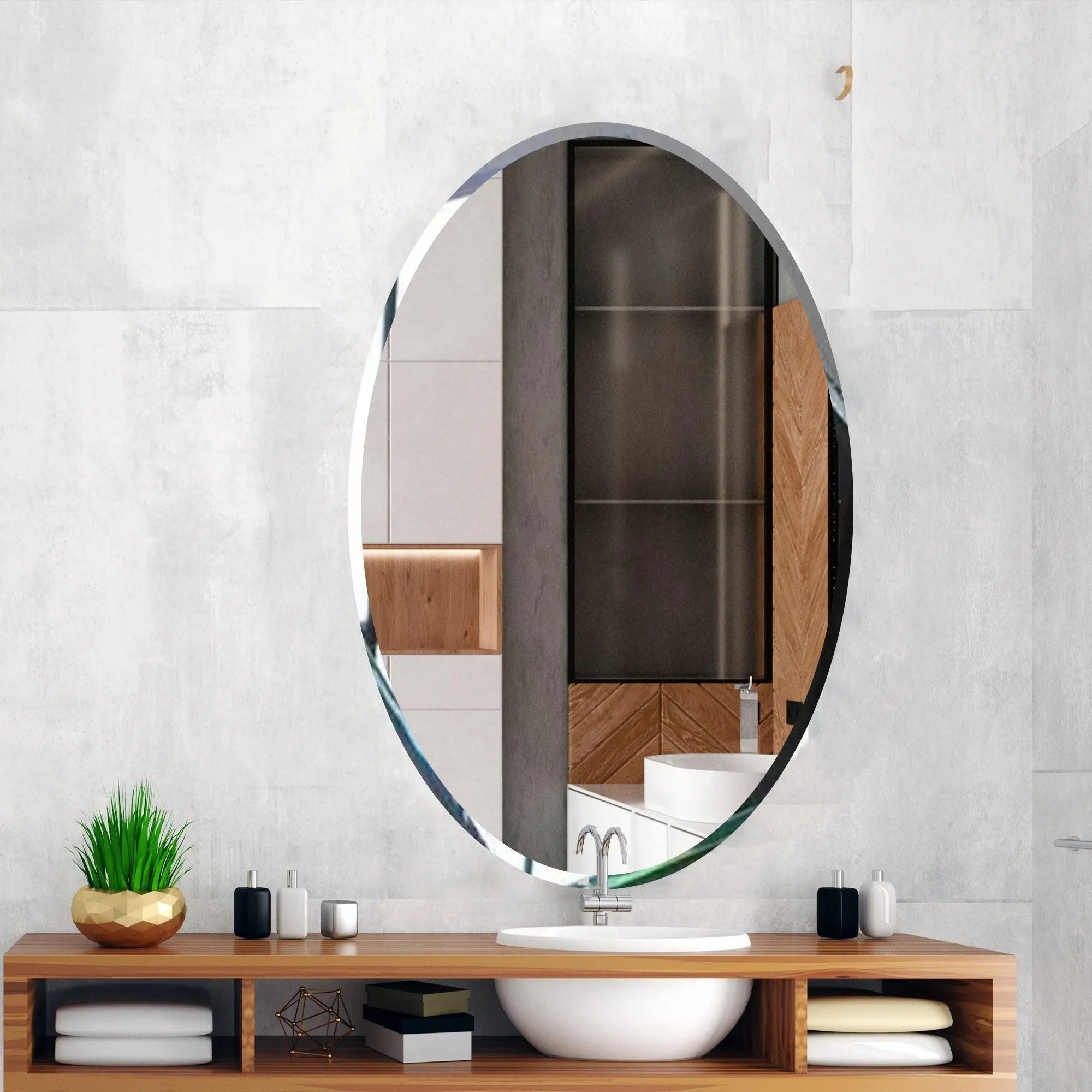 Scandinavian Frame less Beveled Oval Shaped Wall Mirror - Decor Mantra 