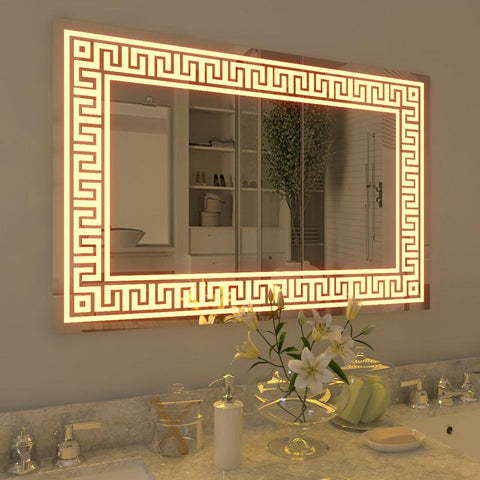 Designer Greek Key Motif Shape LED Rectangular Bathroom Mirror - Decor Mantra 