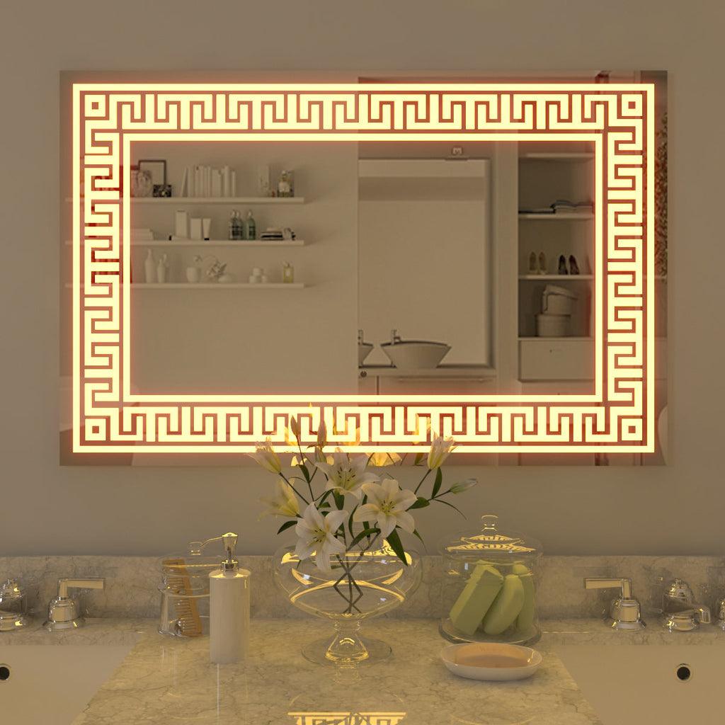 Designer Greek Key Motif Shape LED Rectangular Bathroom Mirror - Decor Mantra 