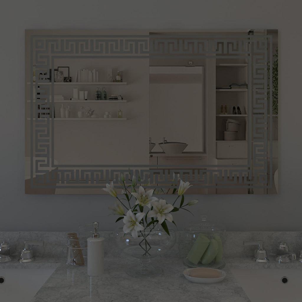 Designer Greek Key Motif Shape LED Rectangular Bathroom Mirror - Decor Mantra 