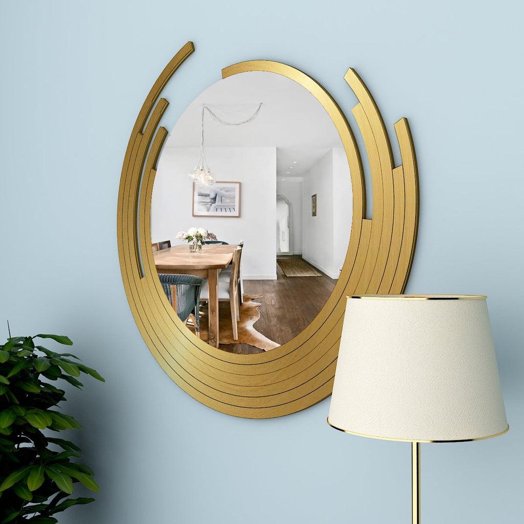 Beautiful Decorative Wooden Wall Mirror Rounded Shape with Golden Finish Frame - Decor Mantra 