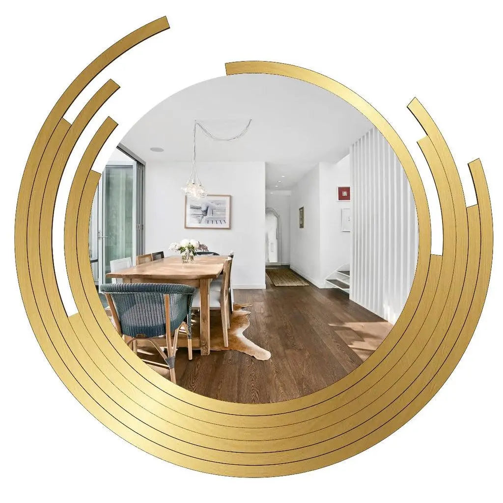 Beautiful Decorative Wooden Wall Mirror Rounded Shape with Golden Finish Frame - Decor Mantra 