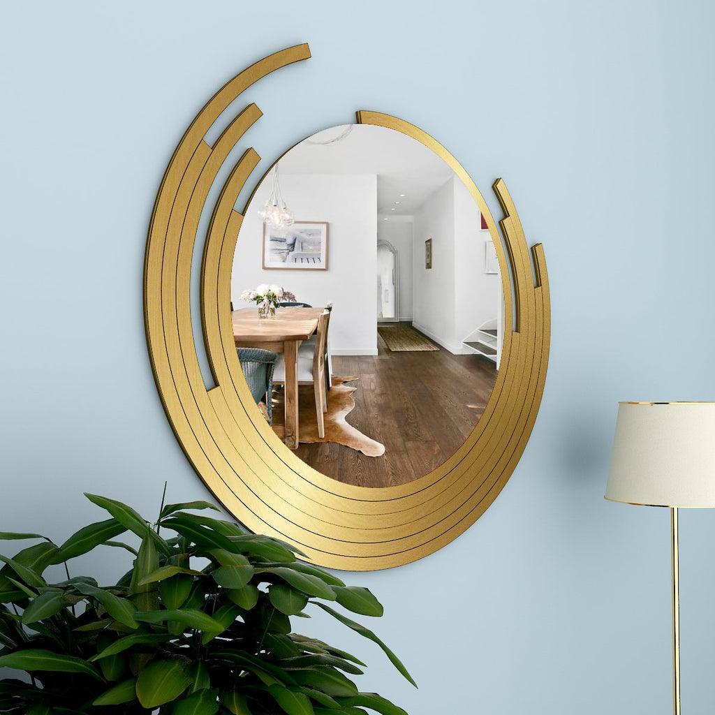 Beautiful Decorative Wooden Wall Mirror Rounded Shape with Golden Finish Frame - Decor Mantra 