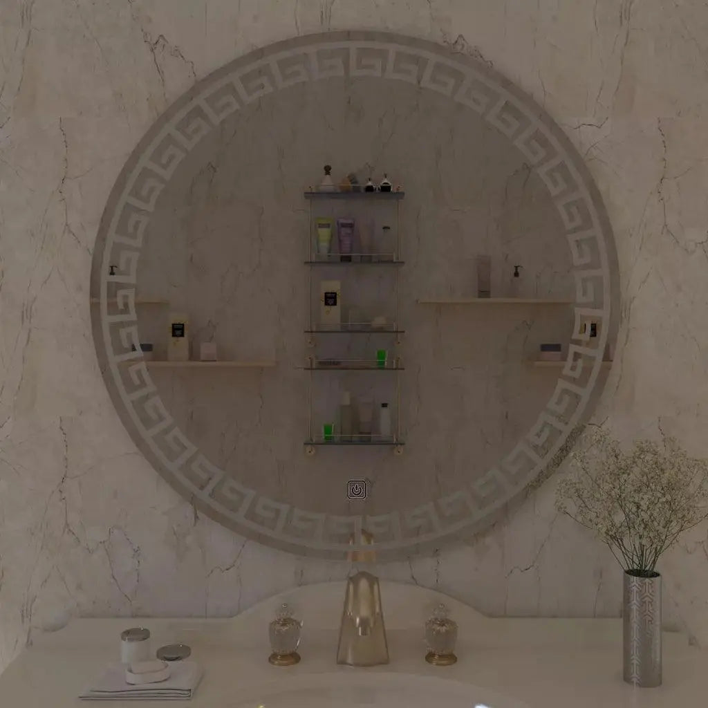 Beautiful Greek Key Motif Design LED Round Shape Bathroom Mirror - Decor Mantra 