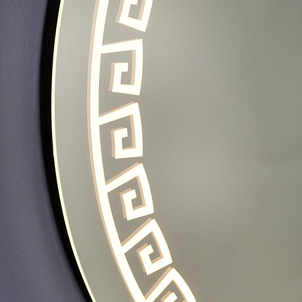 Beautiful Greek Key Motif Design LED Round Shape Bathroom Mirror - Decor Mantra 