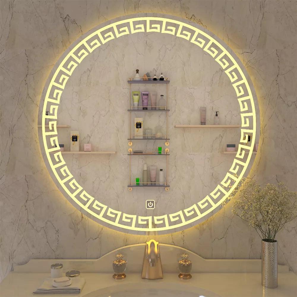 Beautiful Greek Key Motif Design LED Round Shape Bathroom Mirror - Decor Mantra 