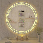 Beautiful Greek Key Motif Design LED Round Shape Bathroom Mirror - Decor Mantra 