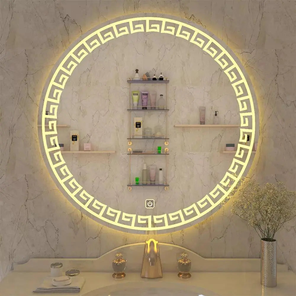 Beautiful Greek Key Motif Design LED Round Shape Bathroom Mirror - Decor Mantra 