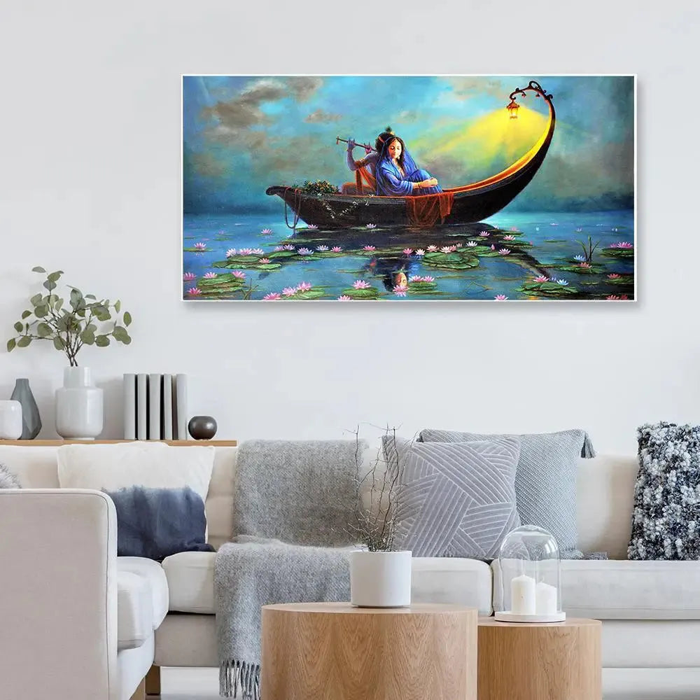 Radha Krishna Ferry Romance Panoramic Canvas Painting