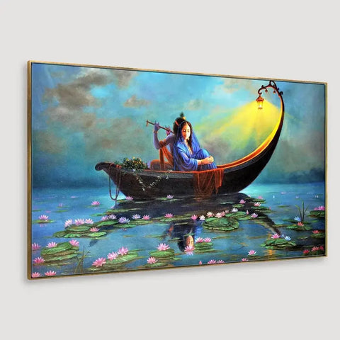 Radha Krishna Ferry Romance Panoramic Canvas Painting
