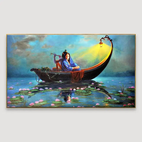 Radha Krishna Ferry Romance Panoramic Canvas Painting