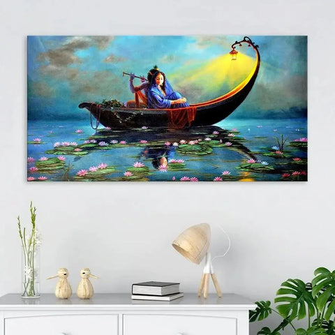 Radha Krishna Ferry Romance Panoramic Canvas Painting