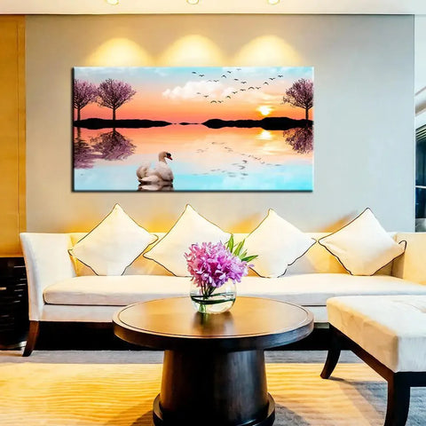 Canvas Painting of a Beautiful Lake Sunrise with a Swan