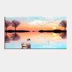 Canvas Painting of a Beautiful Lake Sunrise with a Swan DECORMANTRA