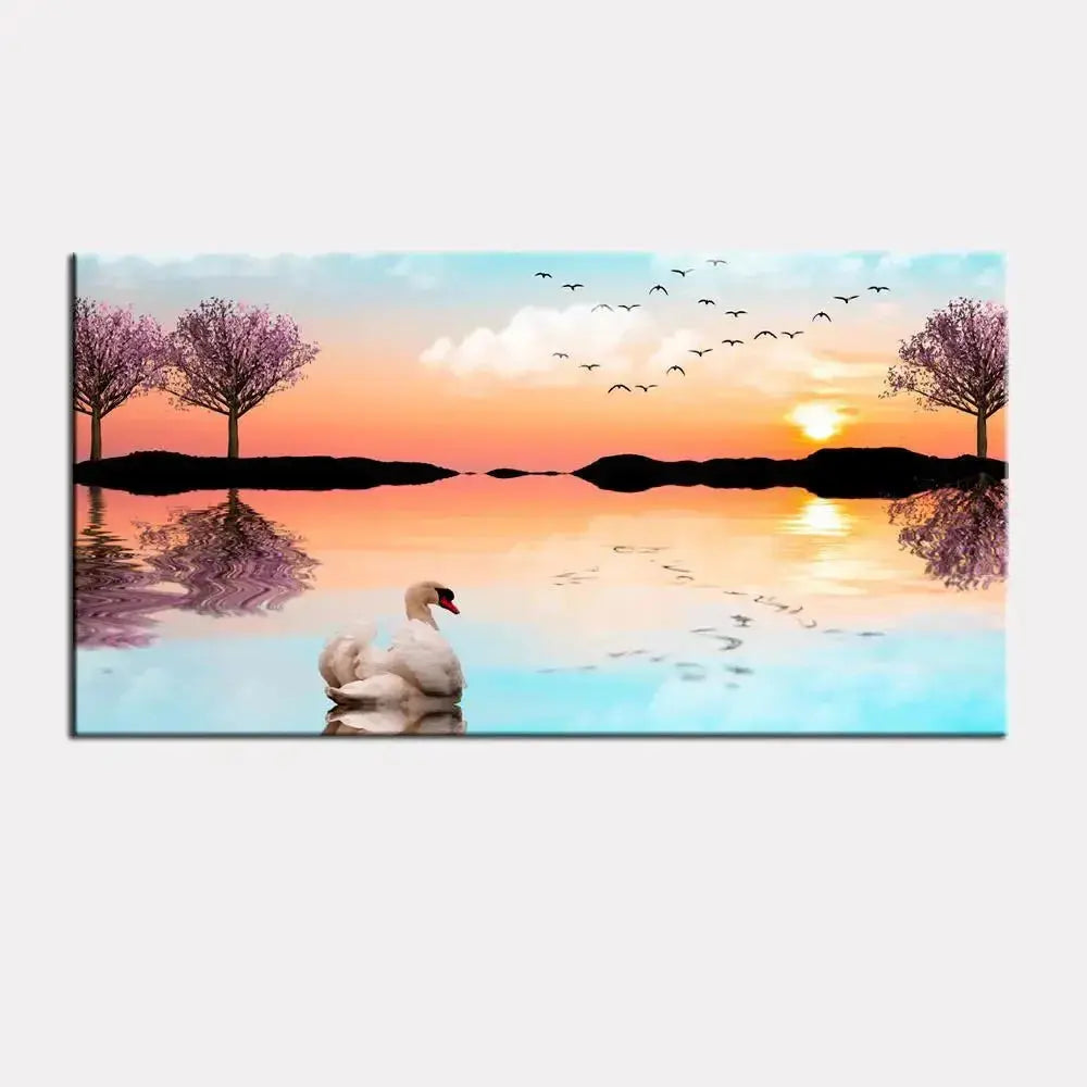 Canvas Painting of a Beautiful Lake Sunrise with a Swan DECORMANTRA