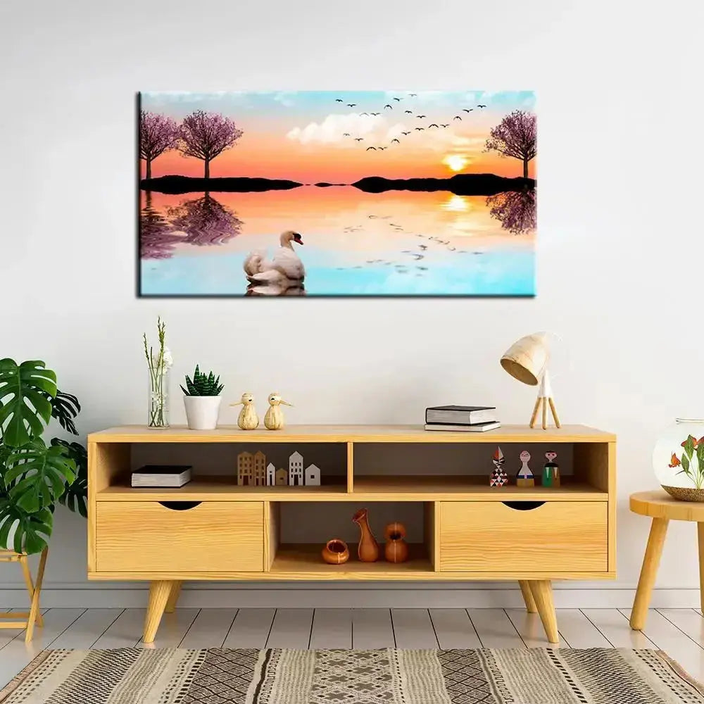 Canvas Painting of a Beautiful Lake Sunrise with a Swan DECORMANTRA
