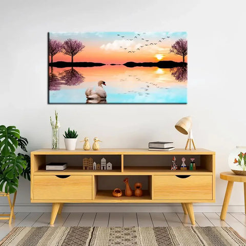 Canvas Painting of a Beautiful Lake Sunrise with a Swan