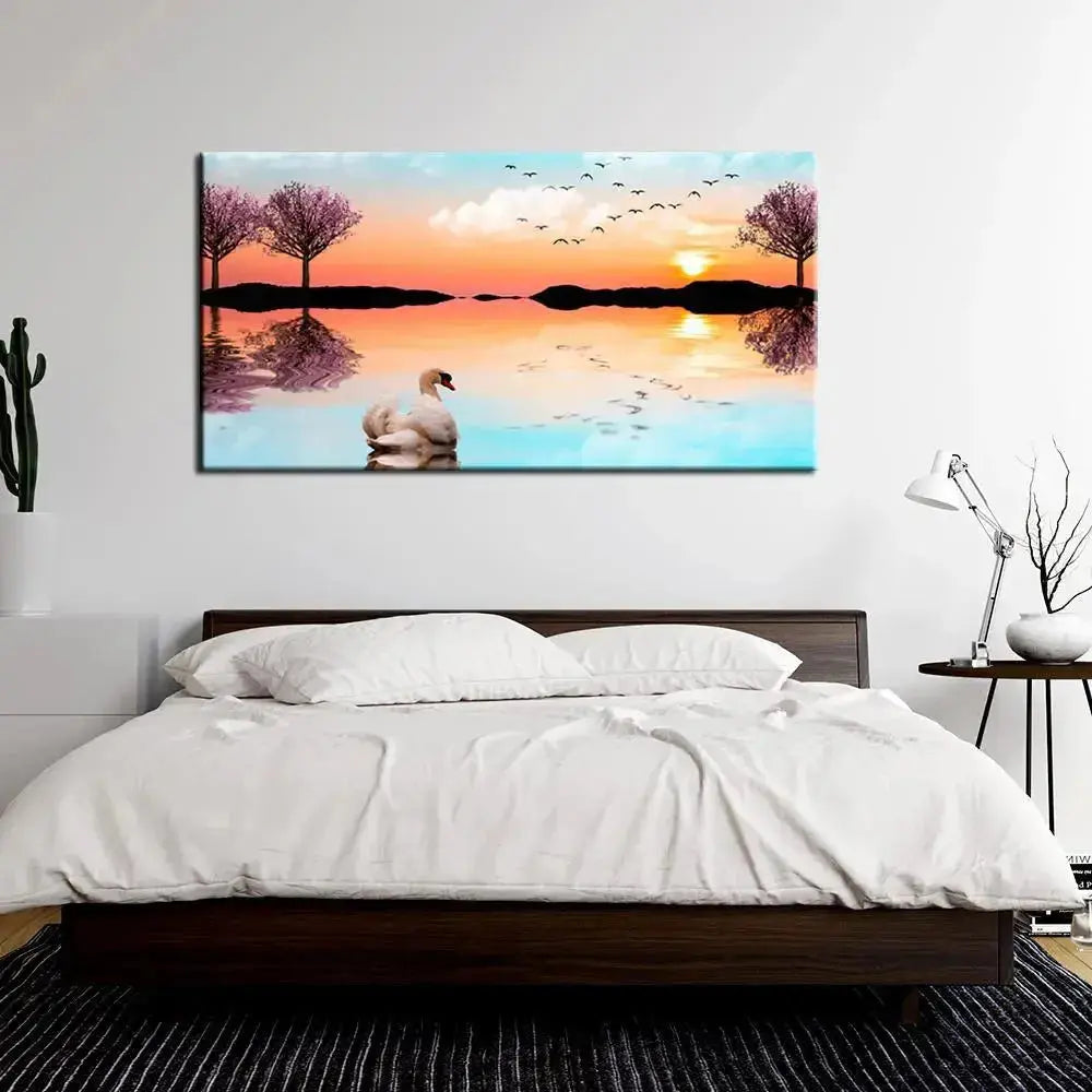 Canvas Painting of a Beautiful Lake Sunrise with a Swan DECORMANTRA