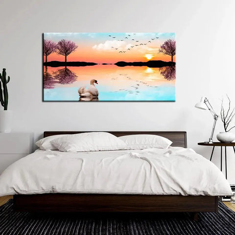 Canvas Painting of a Beautiful Lake Sunrise with a Swan