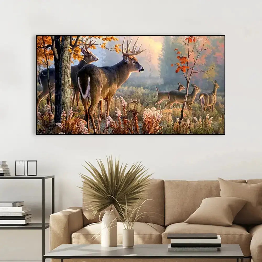 Charming Deer in a Peaceful Forest, Wide-Format Canvas Wall Painting DECORMANTRA