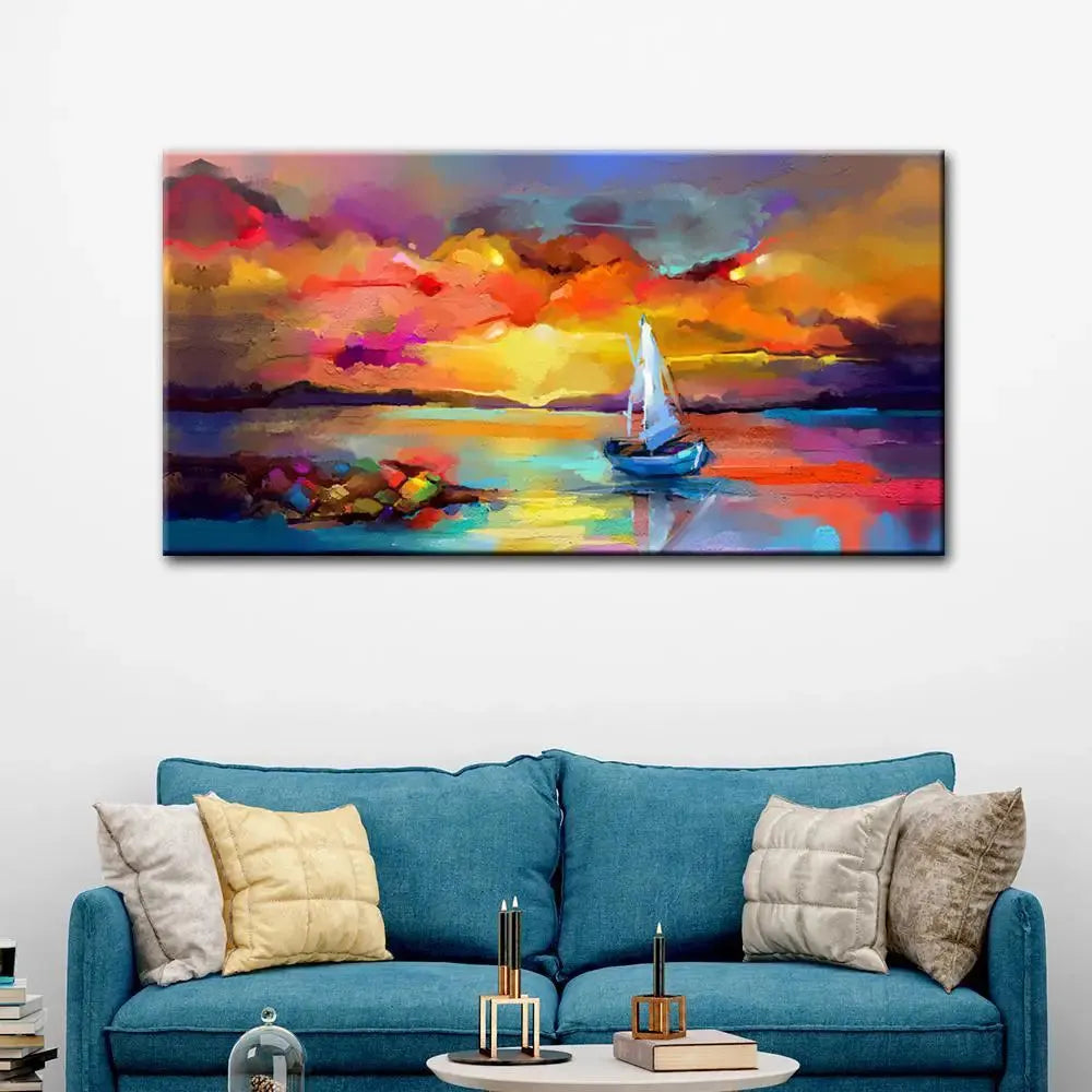 Beautiful Abstract Canvas Painting of a Ship Amidst Sea Scenery