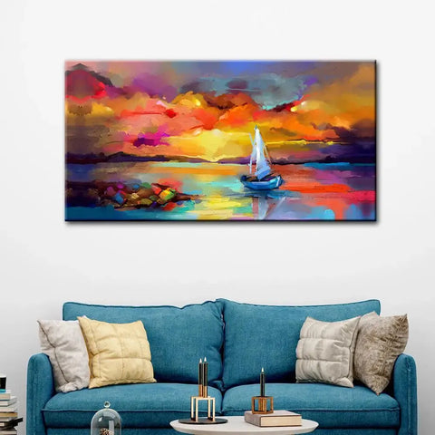 Beautiful Abstract Canvas Painting of a Ship Amidst Sea Scenery