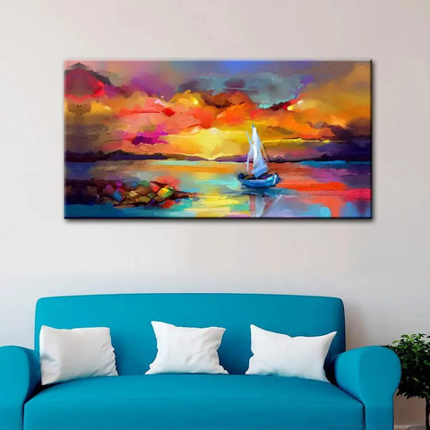 Beautiful Abstract Canvas Painting of a Ship Amidst Sea Scenery