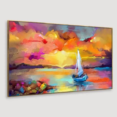 Beautiful Abstract Canvas Painting of a Ship Amidst Sea Scenery
