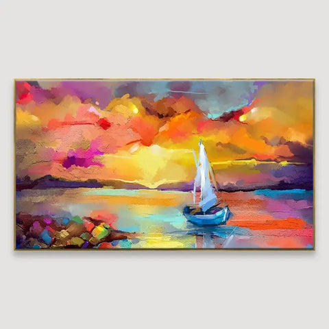 Beautiful Abstract Canvas Painting of a Ship Amidst Sea Scenery